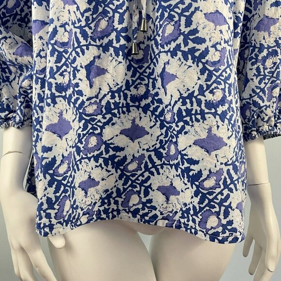 C & C California Linen Blend Top Blue Floral Peasant Blouse Shirt Size Large - Picture 4 of 13